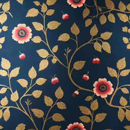 the wall paper has large red and gold flowers on it