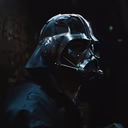 a man dressed in darth vader helmet and blue jacket