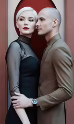 a couple is standing close together in front of a red background