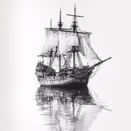 a black and white drawing of a ship sailing