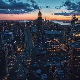 a city lit up at dusk with lots of buildings