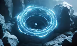 a large circular object in the middle of rocks