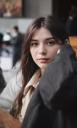 a close - up of a woman in a jacket is leaning on a table