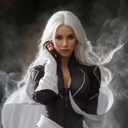 a model dressed as lady costume with a white dress and black boots