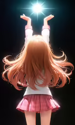 a anime woman stands in the night with her arms raised