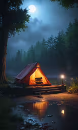 an illuminated tent sits outside at night in the woods,there is a tent in the woods with a bench