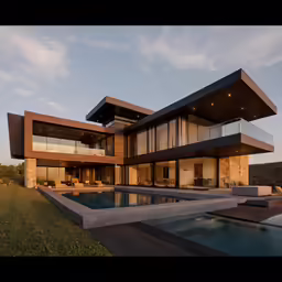 an elegant home surrounded by mountains and green space