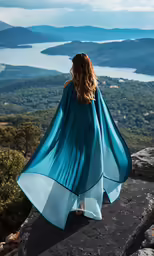 a woman standing on a hill with the water in the background