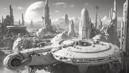 the spaceship is flying over a futuristic city