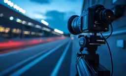 a camera on a tripod on a city street