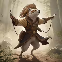 a fox dressed as a warrior standing on top of a dirt field