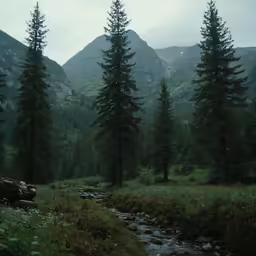 a river in the forest with mountains in the background