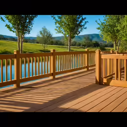 a wooden deck with benches next to a river