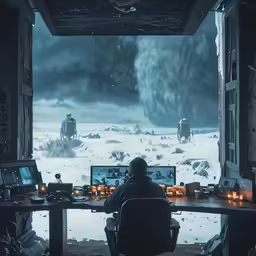 a man sitting at a desk with two monitors on his desk