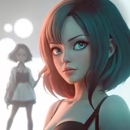 an animated girl with short hair and blue eyes stands near a girl