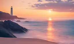 the sun is setting near an ocean and a lighthouse