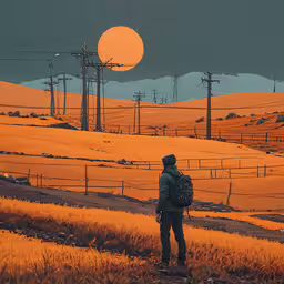 man with backpack looking out to the distant horizon,a man with backpack and a laptop computer is standing in a field of grass at sunset
