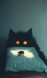 the black cat has yellow eyes and is holding on to the pillow