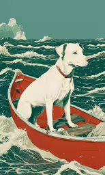 a dog sits in a red boat in the ocean,the dog is sitting on the red boat