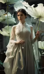 woman standing next to flower vase and flowers in room