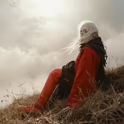 a person with long white hair and a beard sits in the middle of a field