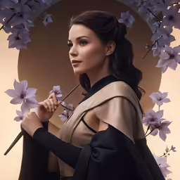 a young woman holding flowers standing near a circle