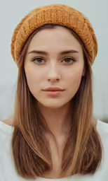 the model wears a yellow knit hat with long hair