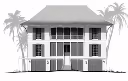 a drawing of a two story home with shuttered windows and shutters