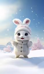 a white rabbit standing on its hind legs in the snow,a cute rabbit standing in the snow on a cold day