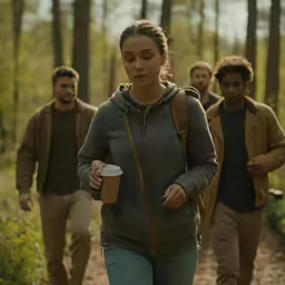 group of people hiking together on a trail in the woods