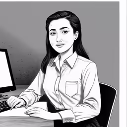 a penciled photo of a woman sitting in front of a computer