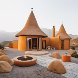 a desert style home with an outdoor fire pit and outdoor seating