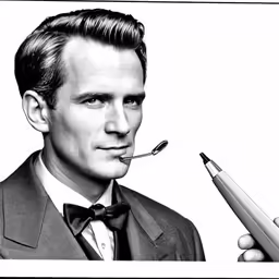 a man with a pipe and suit on, looking towards the camera