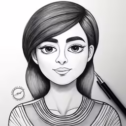 a drawing of a girl in black and white