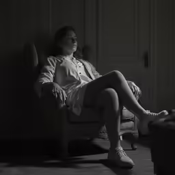 a woman sitting on top of a chair next to a wall