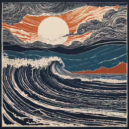 an orange and blue print of a sunset over a wave,an orange and blue painting with waves