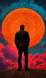 the man is standing in front of an orange spiral