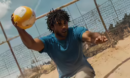 man playing beach volleyball outside with a yellow and white ball
