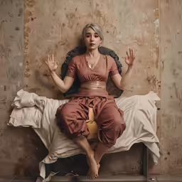 a woman in a brown dress sitting on a bed