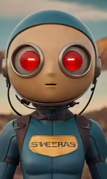 a robot in blue and yellow with red eyes