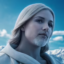 a woman with a goatee is standing in the snow