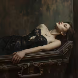 a woman wearing black lingerie laying on top of a wooden box,a woman laying on a wooden ledge posing for a photo