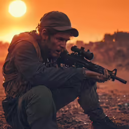 man kneeling down while holding an object in his hand