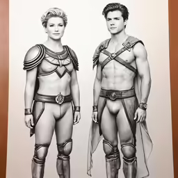 a black and white drawing of two people in armor