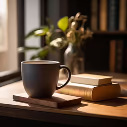 a coffee cup and two book are on a table