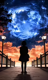 the silhouette of a person holding an umbrella and walking across a bridge