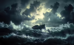 a boat floating in a body of water surrounded by clouds