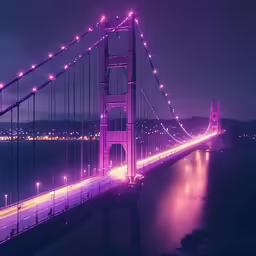 a lit up bridge over a river during the night