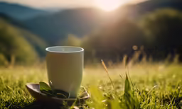 a teacup with some leaves on it in the grass