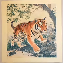 the painting shows a tiger leaping up into the air